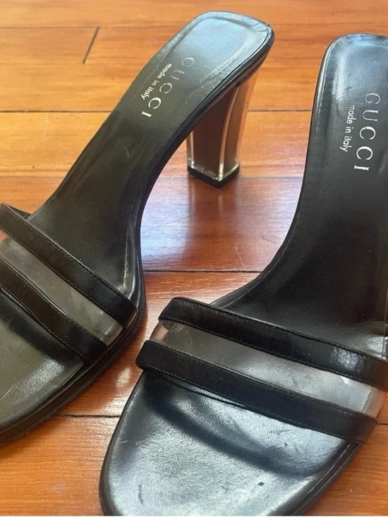Auth Gucci black Leather Clear Mules block heel lucite vintage sandal 7.5 - Picture 7 of 8